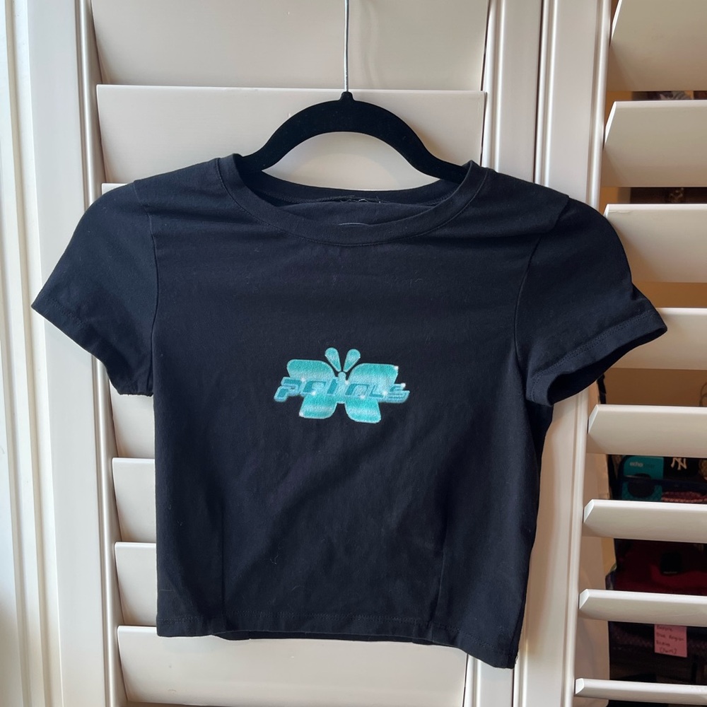 Petals and Peacocks Y2K Butterfly Black Crop T-Shirt
